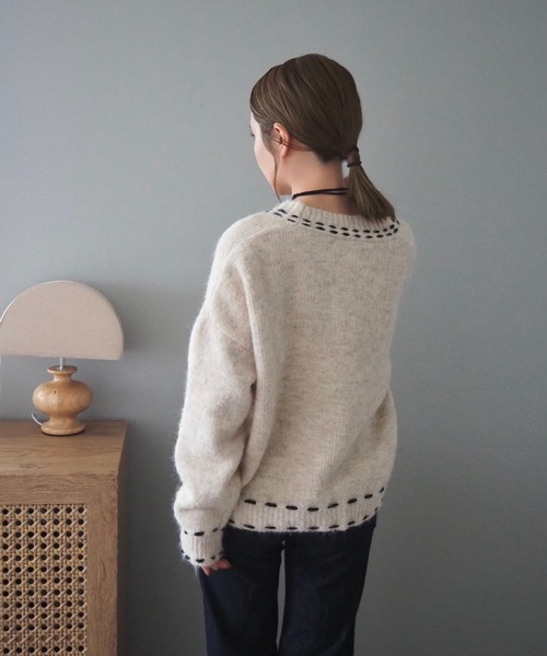 カーディガン bicolor stitch cardigan /Vネックバイカラーステッチ