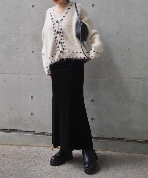 カーディガン bicolor stitch cardigan /Vネックバイカラーステッチ