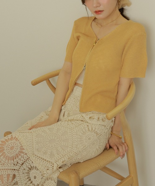 ニット セーター double zip lib tops /リブ ダブルジップ 半袖 ニット