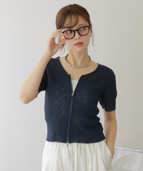 ニット セーター double zip lib tops /リブ ダブルジップ 半袖 ニット