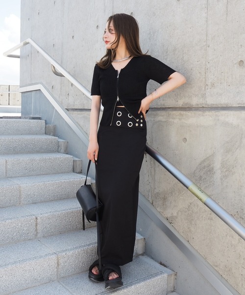 ニット セーター double zip lib tops /リブ ダブルジップ 半袖 ニット