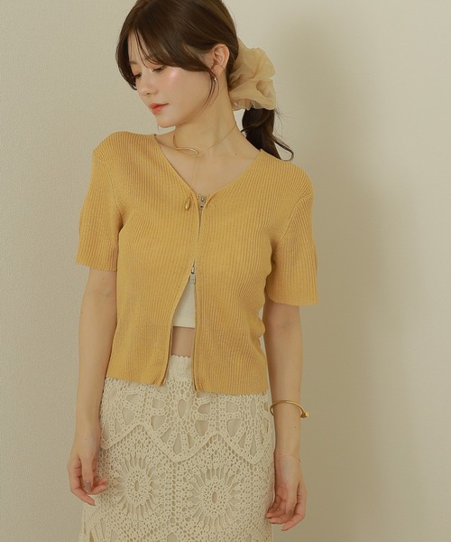 ニット セーター double zip lib tops /リブ ダブルジップ 半袖 ニット