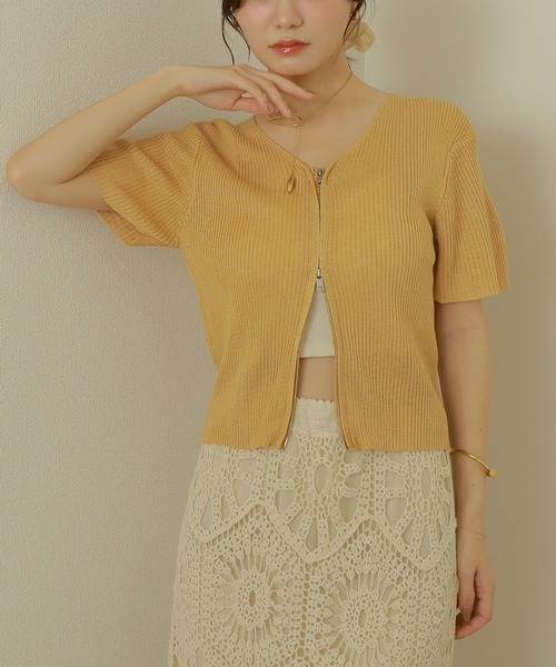 ニット セーター double zip lib tops /リブ ダブルジップ 半袖 ニット