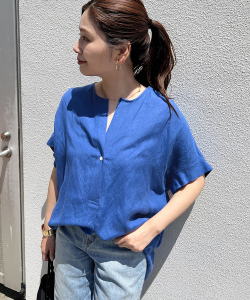 美品 ジャーナルスタンダード レーヨン麻ノーカラーブラウス ストライプ ブルー JOURNAL STANDARD シャツ ブラウス レーヨン麻ノーカラー