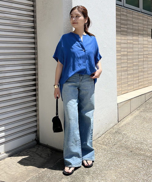 JOURNAL STANDARD レーヨン麻ノーカラーブラウス　ブルー ジャーナルスタンダード JOURNAL STANDARD 《追加3》【洗える