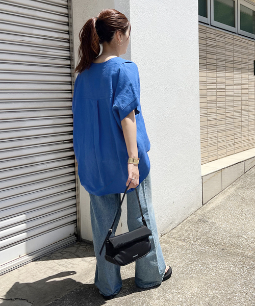 美品 ジャーナルスタンダード レーヨン麻ノーカラーブラウス ストライプ ブルー 美品 ジャーナルスタンダード レーヨン麻ノーカラーブラウス