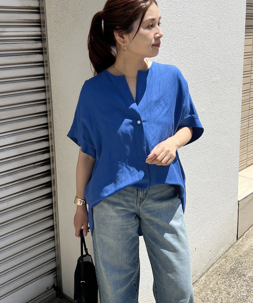 美品 ジャーナルスタンダード レーヨン麻ノーカラーブラウス ストライプ ブルー JOURNAL STANDARD（ジャーナルスタンダード）の「《追加2