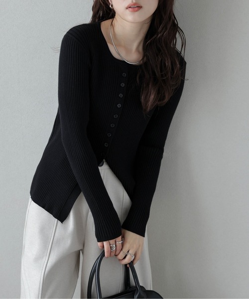 ニット セーター フロントボタンスリットリブニット レディース