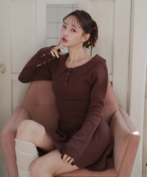 fupel ワンピース back open ribbon mini collar onepiece / バック