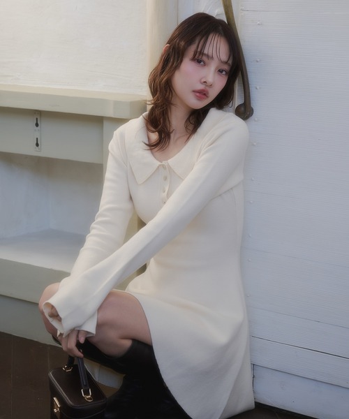 fupel ワンピース back open ribbon mini collar onepiece / バック