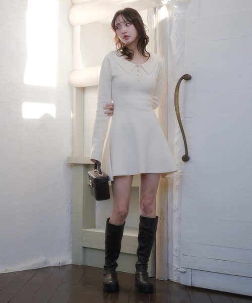 fupel ワンピース back open ribbon mini collar onepiece / バック