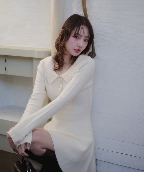 fupel ワンピース back open ribbon mini collar onepiece / バック