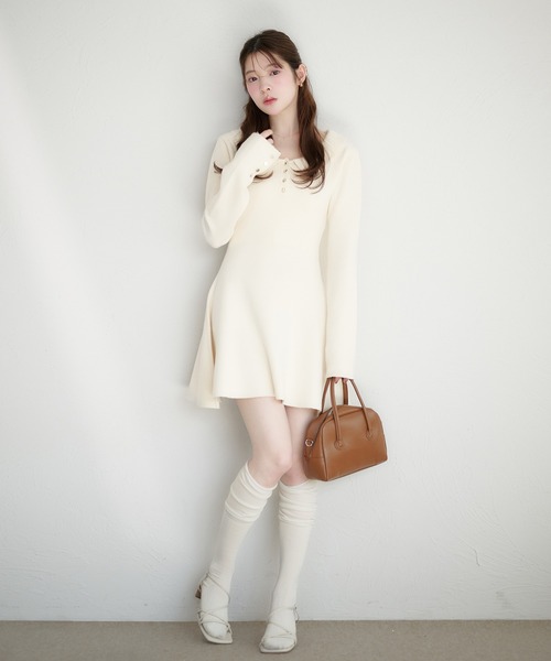 fupel ワンピース back open ribbon mini collar onepiece / バック