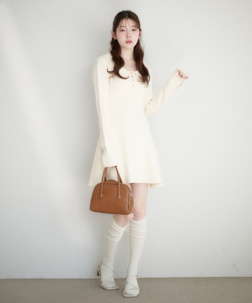 fupel ワンピース back open ribbon mini collar onepiece / バック