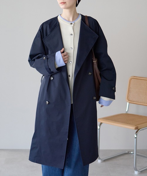 r.（アールドット） トレンチコート コート ノーカラー ダブルトレンチ