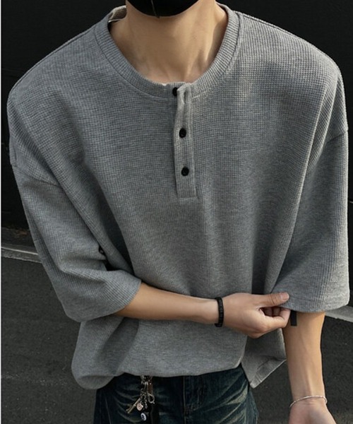 stone  ヘンリーネックカットソー WESTBOY（ウエストボーイ） ミニマルヘンリーネック ワッフルオーバーT