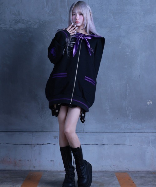 Amilige×ちいめろ セーラーZIPトップス 白×黒 新品 Amilige（アミリージュ） トレーナー スウェット ラインストーン付き
