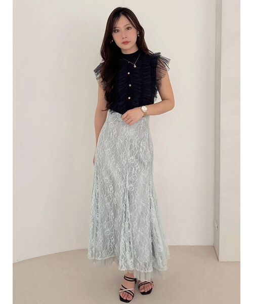 スカート 裾チュールレースマーメイドスカートの画像