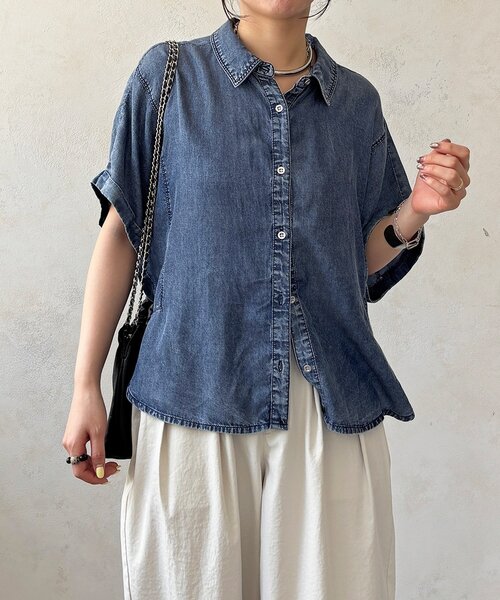 ブラウス シャツ デニムハーフスリーブシャツ レディースの画像