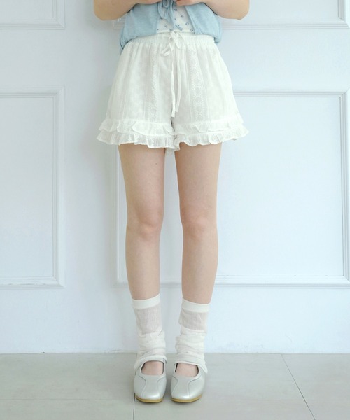 by muni:r パンツ サマーパンチングレースダブルフリルショートパンツ