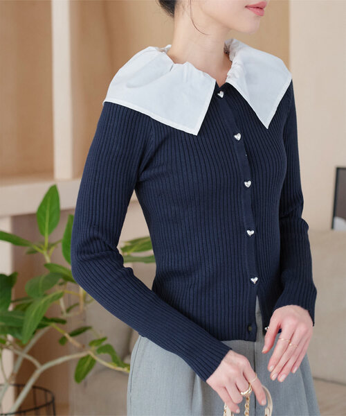 yori(ヨリ) 七分袖セーター サイズF レディース美品  - ダークネイビー×白 襟付き KOBE LETTUCE（神戸レタス） ニット セーター 取り外し襟付きハート