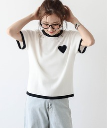 タグ付き】45R ギマ天竺ニット サマーニット ホワイト ハイネック 刺繍 半袖 La-gemme（ラジェム） サマーニット ニット セーター ハート刺繍