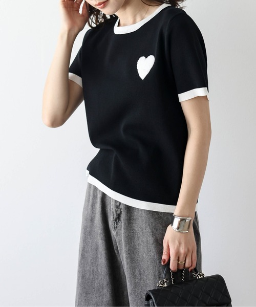 【美品】【現行品】【3】45R ギマニット サマーニット 刺繍ロゴ レディース La-gemme ニット セーター ハート刺繍リンガーサマーニット