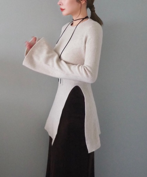 ニット セーター side slit ribknit pullover /アシンメトリースリットニット レディース