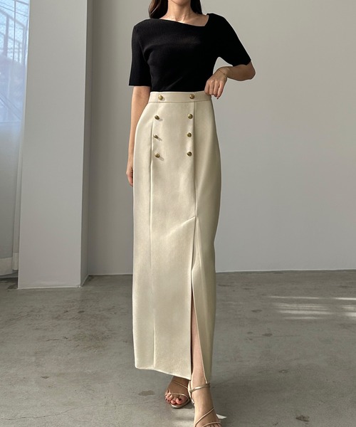 Louere スカート ゴールドボタン前スリットペンシルスカート