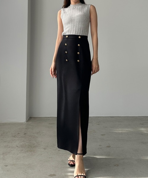 Louere スカート ゴールドボタン前スリットペンシルスカート