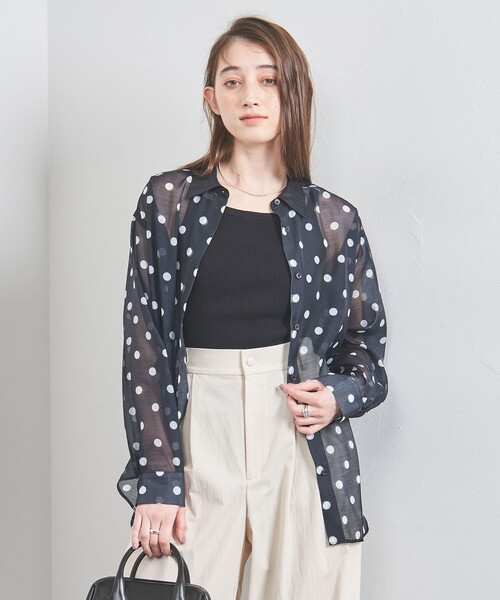美品 ユナイテッドアローズ オーガンジー プリントシャツ ストライプ ネイビー UNITED ARROWS ブラウス シャツ オーガンジー プリントシャツ