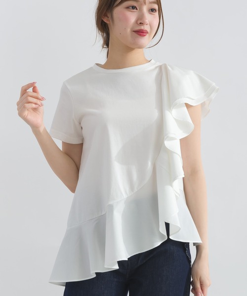 tシャツ 裾フリルアシンメトリーカットソー レディース