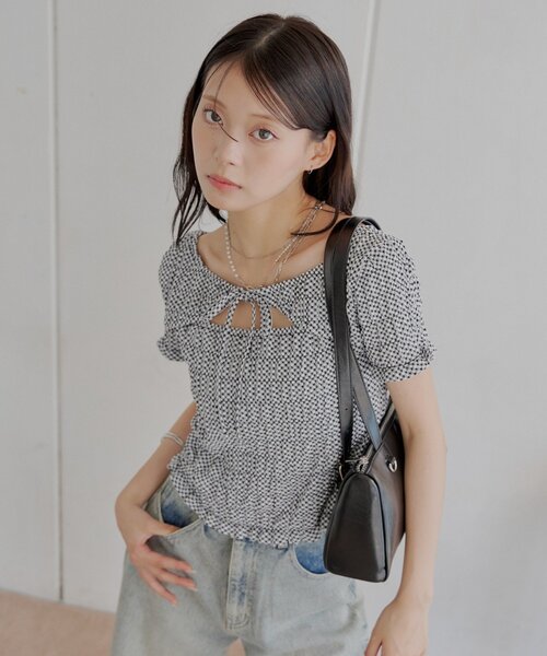 可愛いギンガムポッケ*22SS nach POCHE VICHY BOUQUET Tシャツ Chico tシャツ ギンガムフロントリボンボレロデザインT