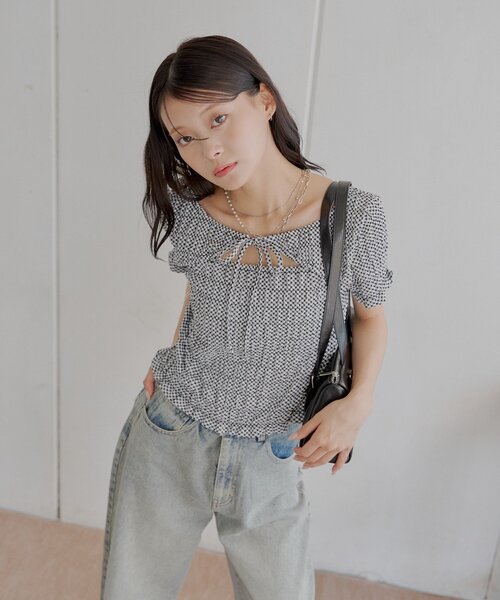 Chico フロントリボンボレロデザインT セール】ギンガムフロントリボンボレロデザインT（Tシャツ