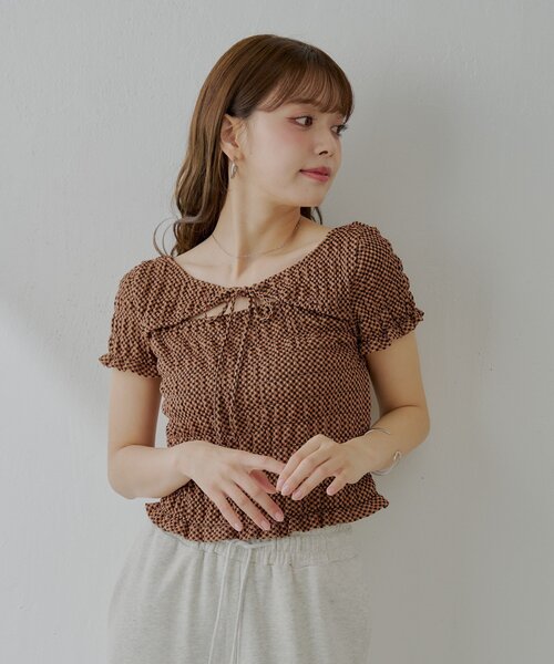 可愛いギンガムポッケ＊22SS nach POCHE VICHY BOUQUET Tシャツ tシャツ ぽわん袖ギンガムチェックトップス レディース