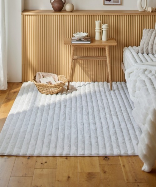 ラグ ラグマット モコモコ デザインラグ ストライプ ラビットファー調