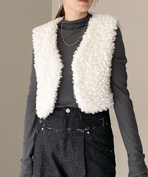 She's Closet ベスト ジレ vネックショート丈プードルファーベスト