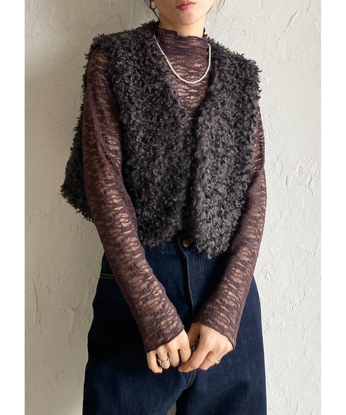 She's Closet ベスト ジレ vネックショート丈 ボア プードルファー