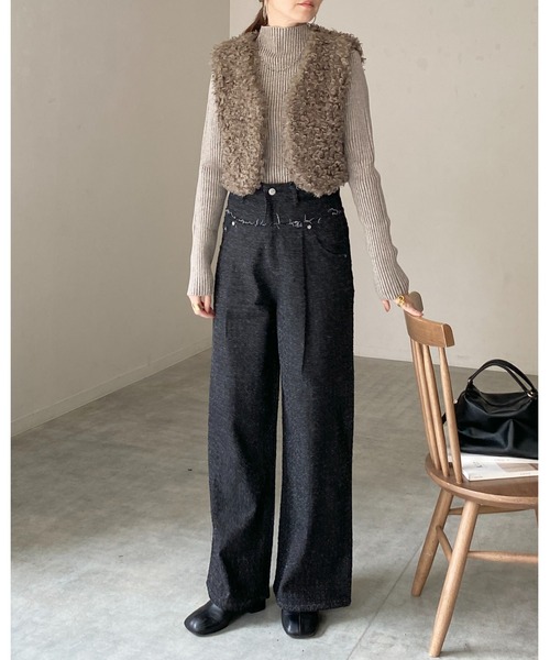 She's Closet ベスト ジレ vネックショート丈プードルファーベスト