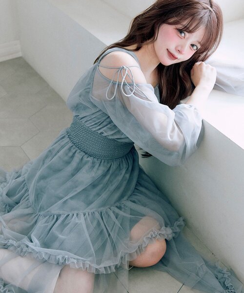 オリーブ フリル付き パーティードレス Kana ドレス チュールフリルスリーブ スパンコール 刺繍レース