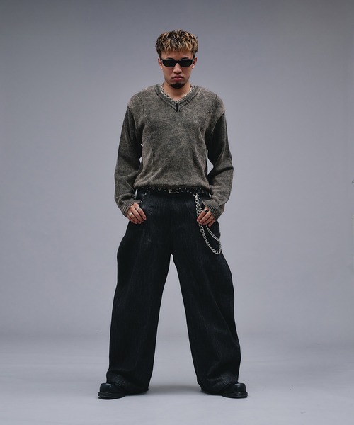 ANDER HUNK フェードケーブルVネックニット Mサイズ ブラック ANDER HUNK セーター ニット Faded Cotton V-neck Knit / フェード