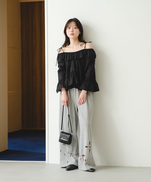 ワイドパンツ スウェットパンツ ジャージ 「新色追加/2サイズ展開/低身長サイズ」カットアウトスウェットパンツ レディースの画像