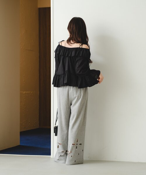 ワイドパンツ スウェットパンツ ジャージ 「新色追加/2サイズ展開/低身長サイズ」カットアウトスウェットパンツ レディースの画像