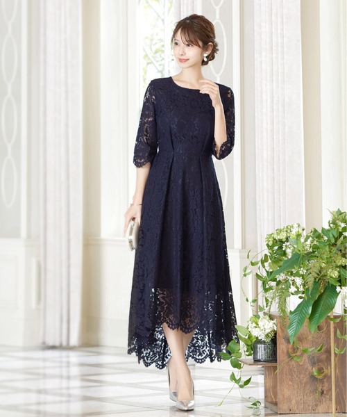 シーンを ドレス 通販 Paypayモール 総レース七分袖イレヘムロング結婚式ワンピース