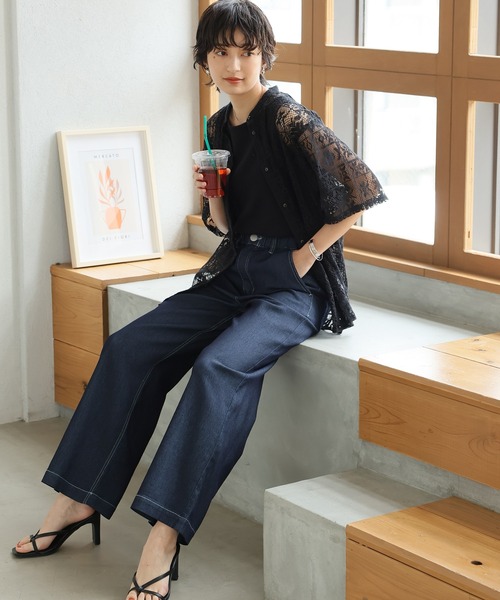 スタイリッシュダメージデニムワイドパンツ(S~L) O4551 slattgir ジーンズ デニム デニムパンツ 高身長 綿100％タック