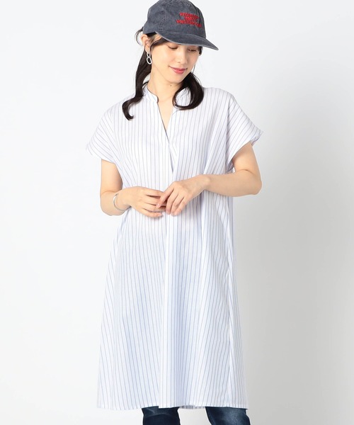 Grand PARK ワンピース 爽やか吸水速乾リネン スキッパー柄ワンピース 