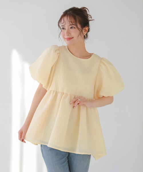 Fit more バックリボンボリュームスリーブジャガードトップス バックリボンボリュームスリーブジャガードトップス【宅配便