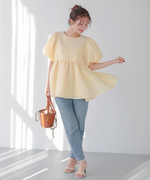 fitmore フィットモア　バックリボンボリュームスリーブジャガードトップス バックリボンボリュームスリーブジャガードトップス【宅配便