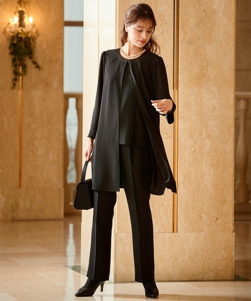 洗える防しわ重ね着風フロントプリーツブラウスワイドパンツセットスーツ 喪服・礼服】洗える防しわ重ね着風フロントプリーツブラウスワイド