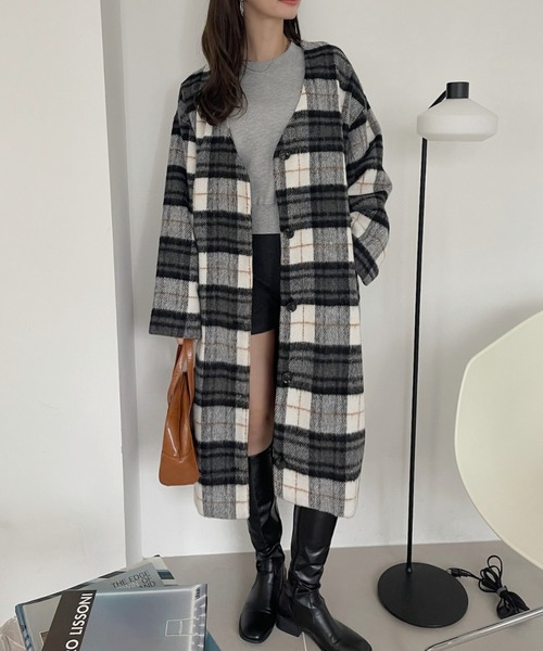 新品 ドレステリア シャギーチェックノーカラーコート 53900円 DRESSTERIOR（ドレステリア）の「◇【otonaMUSE12月号掲載】シャギー